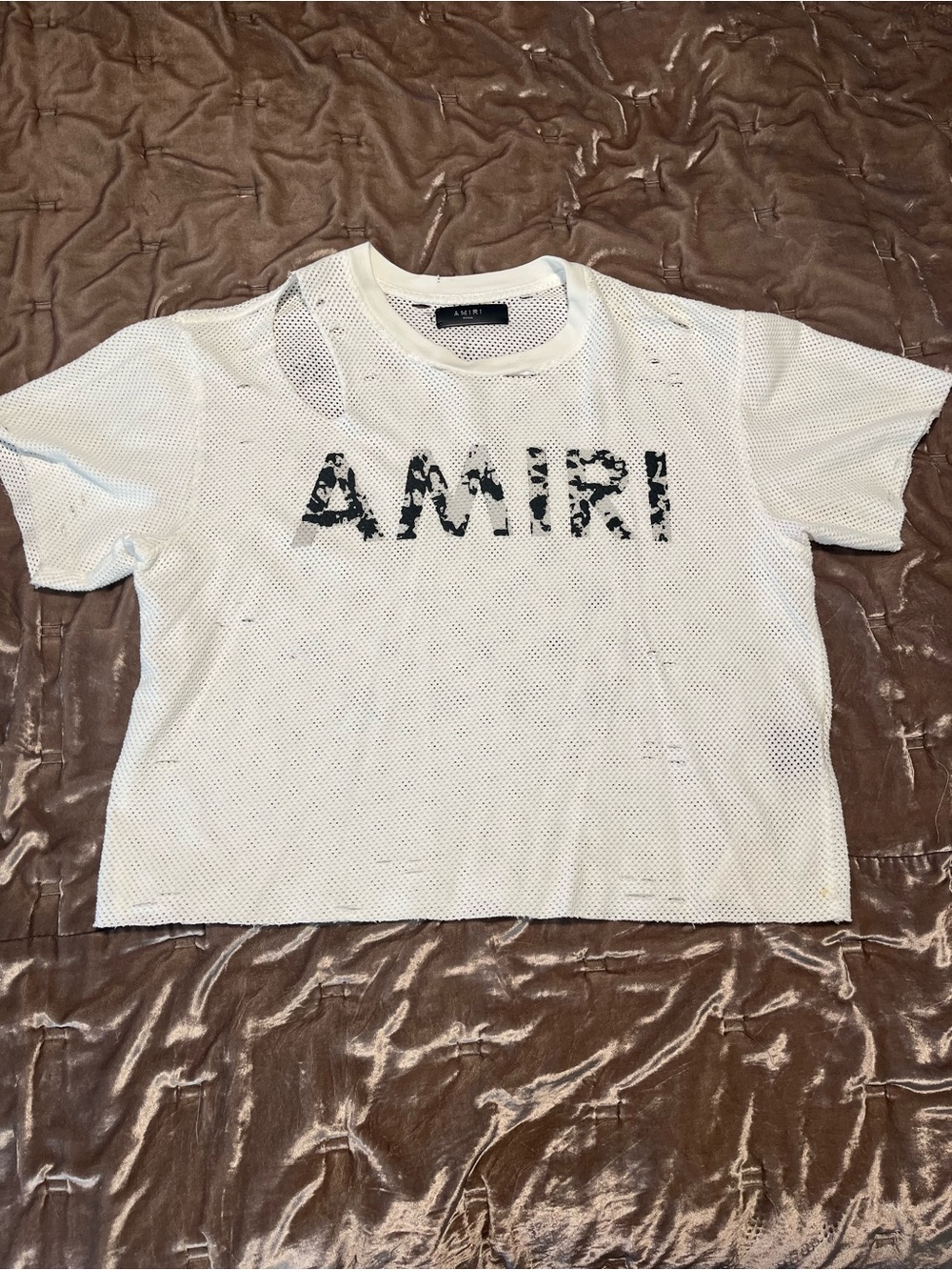 AMIRI White Mesh Short Sleeve Tee with Distressed Black Logo